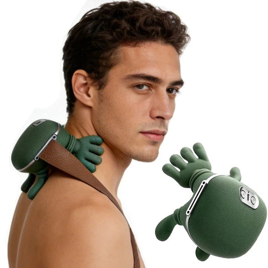 Woman using CalmPulse heated neck massager at home for muscle relaxation